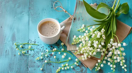 Kussenhoes Coffee, Lily of the Valley, and Good Morning Notes on a Rustic Turquoise Table, Generative ai © SebuahKisah