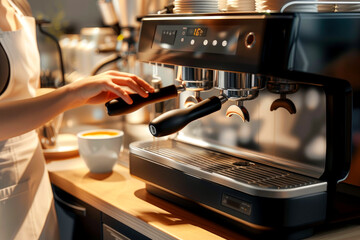 girl barista prepares delicious fresh coffee on a coffee machine in a coffee shop