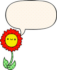 cartoon flower and speech bubble in comic book style