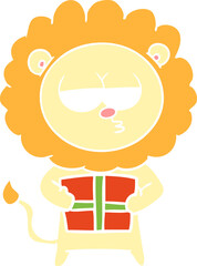 flat color style cartoon bored lion with present