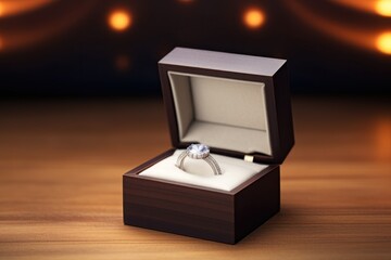 Wedding ring in a wooden box on a wooden table. Wedding content with Copy Space.