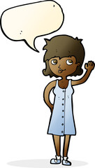 cartoon pretty woman waving with speech bubble