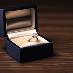 Wedding ring in a blue box on a wooden background. Wedding content with Copy Space.