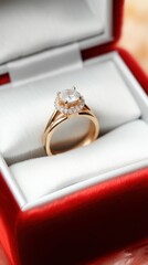 Wedding ring in a red box, close-up. Wedding content with Copy Space.