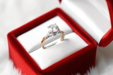Wedding ring in red box on white fur, closeup. Wedding content with Copy Space.