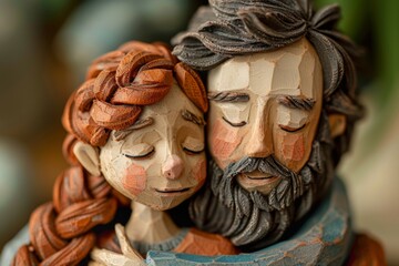 A sculpture depicting a father and a daughter embracing with their eyes shut