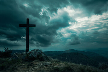 View of religious cross on top of mountain with sky and clouds. Generative Ai