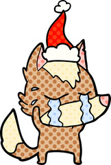 comic book style illustration of a crying wolf wearing santa hat