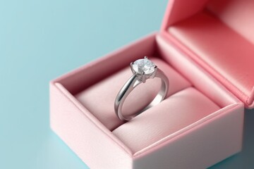 Wedding ring in a gift box on a blue background. Wedding content with Copy Space.