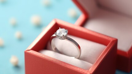 Wedding ring in red box on blue background, closeup. Wedding content with Copy Space.
