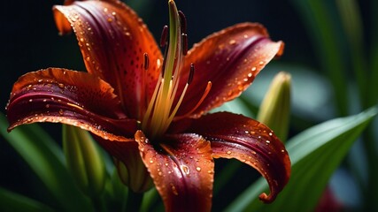 Red Lily Flowers Close-Up in Garden Views Enhanced by Blur Background