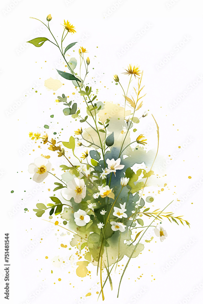 Wall mural Watercolor bouquet of wildflowers. Printable minimalistic botanical artwork, neutral floral wall art, green herbs isolated on white