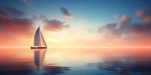 Peaceful image of a solitary sailboat on glass-like water, with soft light of sunrise creating a tranquil mood