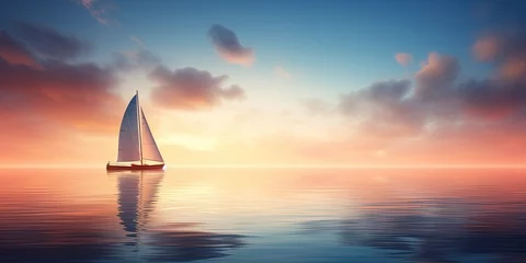 Foto op Aluminium Peaceful image of a solitary sailboat on glass-like water, with soft light of sunrise creating a tranquil mood © Coosh448