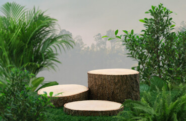 Wood podium table top floor in outdoors tropical garden forest blurred green leaf plant nature background.Natural product placement pedestal stand display,jungle paradise concept.