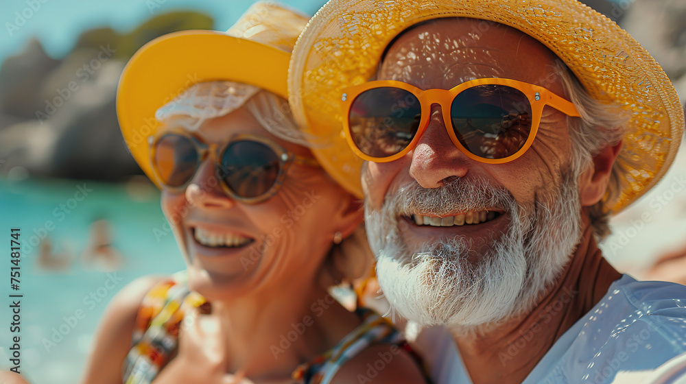 Wall mural Close-up and portrait of two happy and active Elderly people having fun and enjoying themselves on the beach, elderly people outdoors enjoying a vacation together