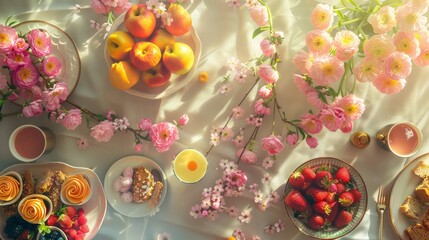Fototapeta premium Spring breakfast table easter brunch cute pinkvase flowers