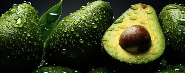 Many fresh ripe avocados with detailed water drops on dark background, food banner. Generative Ai.