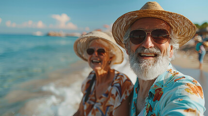 Close-up and portrait of two happy and active Elderly people having fun and enjoying themselves on the beach, elderly people outdoors enjoying a vacation together