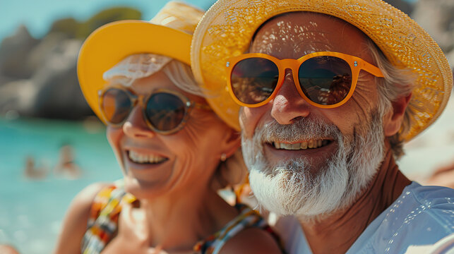 Close-up and portrait of two happy and active Elderly people having fun and enjoying themselves on the beach, elderly people outdoors enjoying a vacation together