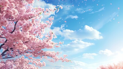 Spring Pink Cherry Blossoms with Blue Sky Background 