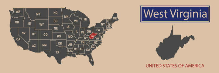 Banner, highlighting the boundaries of the state of West Virginia on the map of the United States of America. Vector map borders of the USA West Virginia state.
