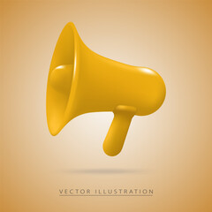 Yellow megaphone in realistic 3d style, isolated on background. Vector illustration.