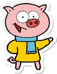 sticker of a cheerful pig wearing winter clothes cartoon