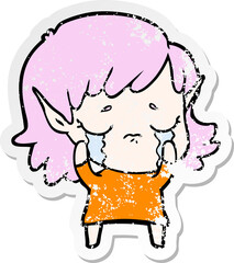distressed sticker of a cartoon crying elf girl