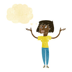cartoon woman holding up hands with thought bubble