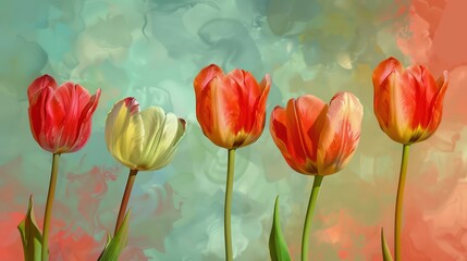 Spring tulip flowers in a row