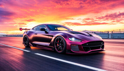 A sleek purple sports car drives down a coastal road at sunset. - obrazy, fototapety, plakaty
