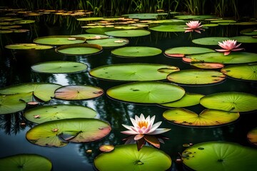 A serene pond covered in lily pads, with a single blooming water lily adding a touch of color to the scene.