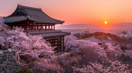 Sunset and cherry blossom season Sakura on spring time