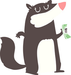 flat color style cartoon badger holding cash