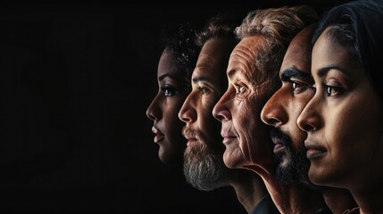 Human face made from portrait of different people of diverse age, gender and race over black background. Concept of social equality, human rights, freedom, diversity, acceptance