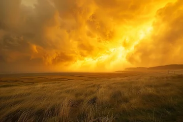 Rolgordijnen After the violent storm, the sky transformed into a breathtaking canvas of yellow, with shades ranging from rich mustard to soft pastels, marking a rare and stunning atmospheric spectacle. © tonstock