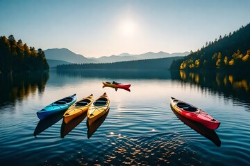 A row of colorful kayaks floating on a calm lake, ready for a day of adventure and exploration. - obrazy, fototapety, plakaty