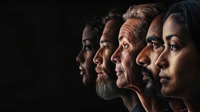 Human face made from portrait of different people of diverse age, gender and race over black background. Concept of social equality, human rights, freedom, diversity, acceptance