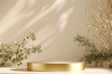 white marble Podium stand studio room luxury gold color background 3d pedestal platform background. Premium golden light scene luxurious style floor stage modern mockup base. vase tree leaf shadow 