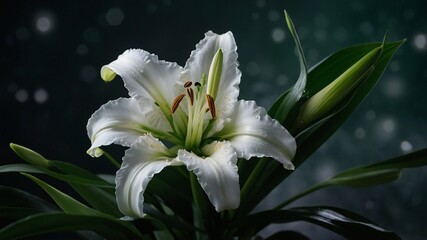 Obraz premium Capturing the Beauty of White Lily Flowers in Close-Up Amidst Snow with Blur: