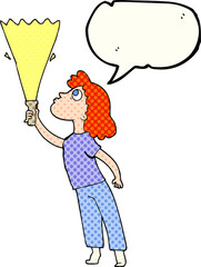 comic book speech bubble cartoon woman searching with torch