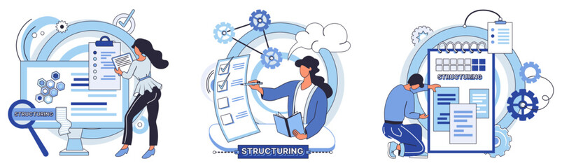 Workflow vector illustration. Strategic development requires effective brainstorming and workflow analysis Progress in business is achieved through efficient workflow organization The organizations