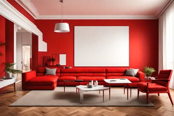 A vibrant red living room with modern furniture and a blank white empty frame.