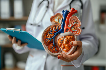 Female doctor holding  model of human kidney in her hands. Generative Ai - obrazy, fototapety, plakaty