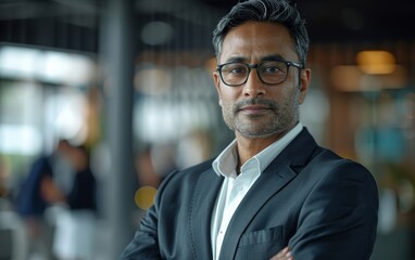 Fototapeta premium Confident Asian Indian CEO in a suit commands attention in the office as he leads his team with poise.