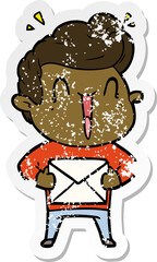 distressed sticker of a cartoon excited man