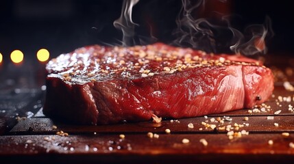 Rare beef steak on wooden plate