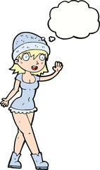 cartoon pretty girl in hat waving with thought bubble