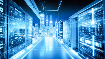 Futuristic server room with glowing blue lights